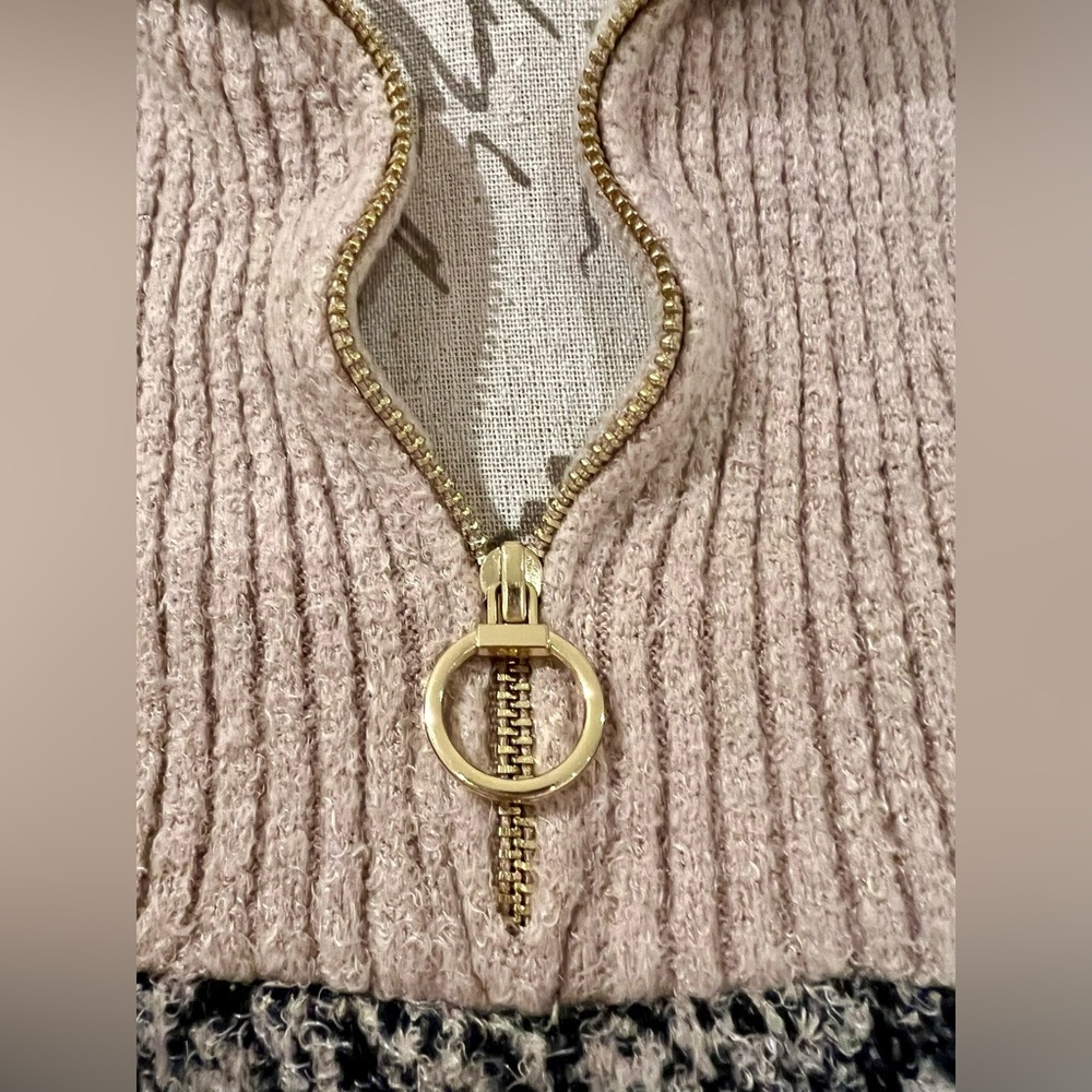 Rachel Zoe Quarter Zip Small Collared Sweater Tan Black - Picture 5 of 13